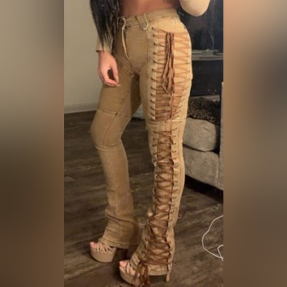 Fashion Nova Pants - After Hours Lace Up Flare Pant Khaki